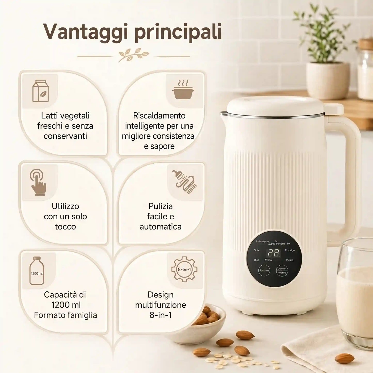 VitaMixia - Multifunzione 8 in 1 per Preparare Bevande Vegetali, Succhi e Molto Altro